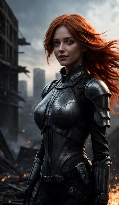 American Shot, 25yo girl, flaming red hair, futuristic body armor, smiling,
destroyed buildings in background,
Glimmering, Harmonious, masterpiece, 
<lora:CineStyle5:0.5>, 111cine8matic55,
<lora:more_details:0.7>,
art by Greg Rutkowski,
photo, realistic
Ov...