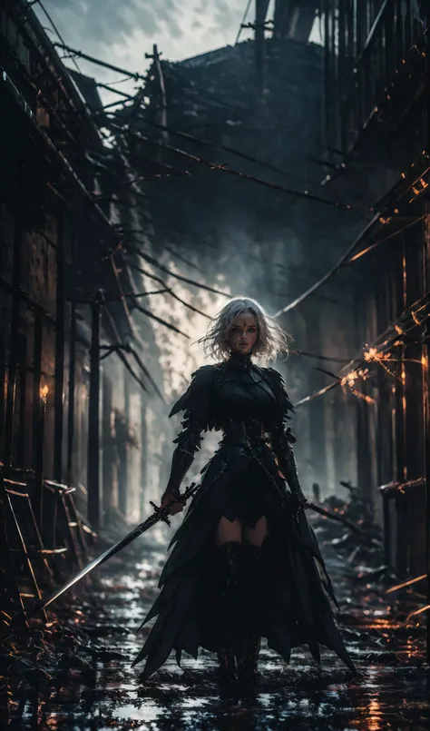 a woman in a black dress holding a sword in a dark alley