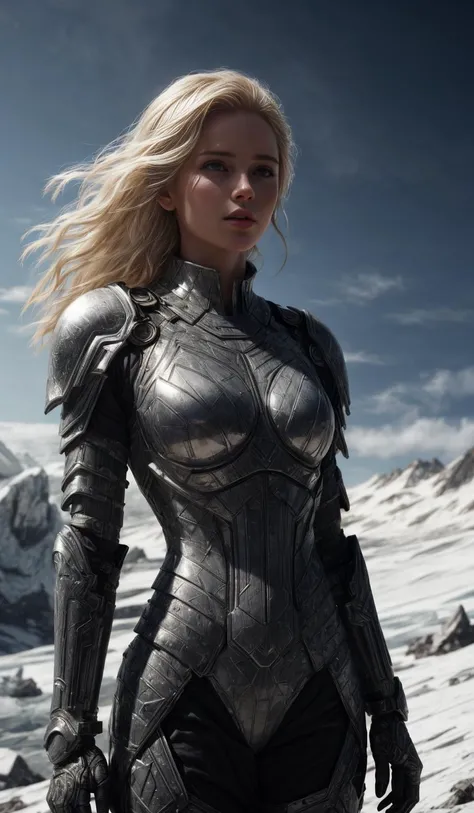 American Shot, Sky Queen, blonde hair, futuristic body armor,
on top of a glacier, 
Glimmering, Harmonious, masterpiece, 
<lora:CineStyle5:0.5>, 111cine8matic55,
<lora:more_details:0.7>,
art by Greg Rutkowski,
photo, realistic
OverallDetail, EyeDetail, fHa...