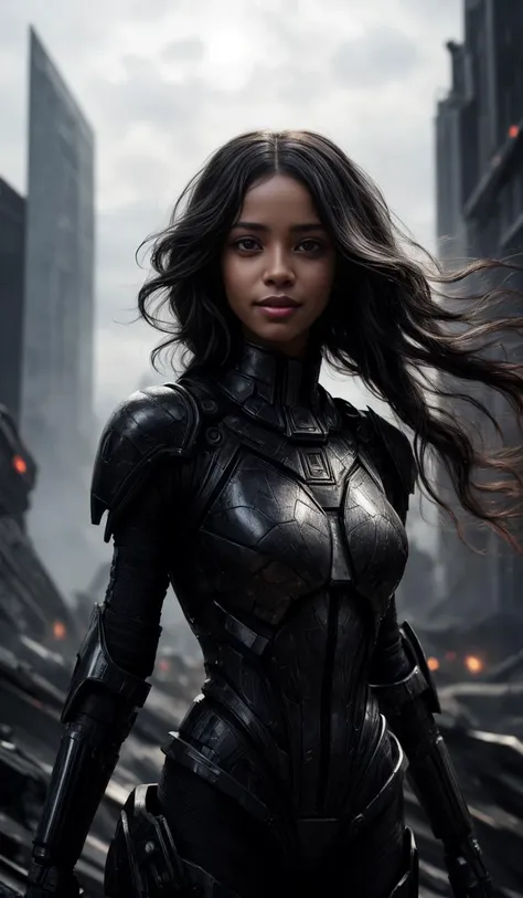 American Shot, 25yo girl, black african skin, very long black hair, futuristic body armor, smiling,
destroyed spaceships in background,
Glimmering, Harmonious, masterpiece, 
<lora:CineStyle5:0.5>, 111cine8matic55,
<lora:more_details:0.7>,
art by Greg Rutko...