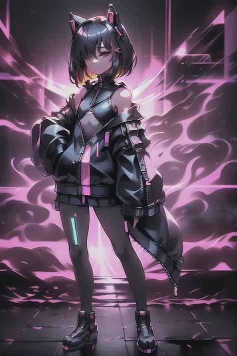 (best quality, highest quality), 1girl, mature, (((hair over eyes, short pink and black hair, bob cut, wavy hair, curly hair, multicolor hair))), looking at viewer, (((turtleneck, oversized hoodie, skirt, sleeves_past_fingers, ong_sleeves, sleeves_past_wri...