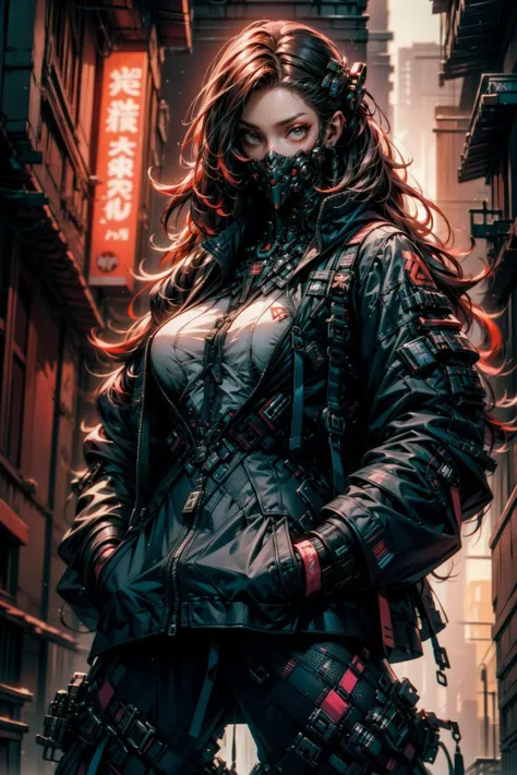 a woman in a black jacket and a mask standing in a city