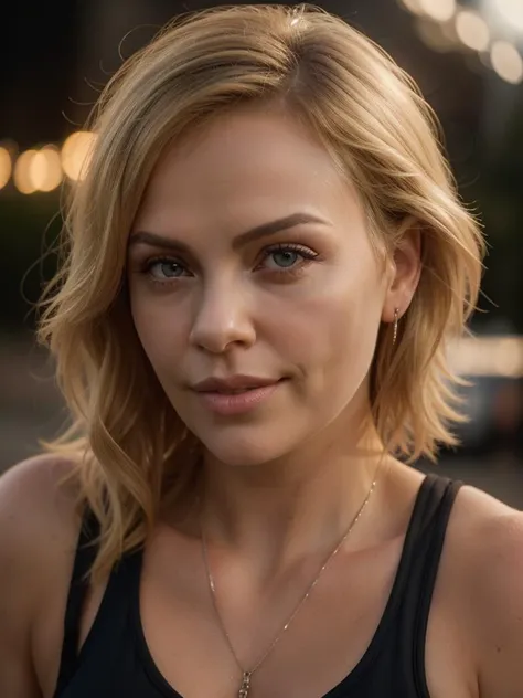 RAW photo, (high detailed skin, detailed eyes:1.1), intricate details, best quality, 8k uhd, (charlizetheron_ti:0.99), outside, blonde hair, night, (photorealistic:1.6), photoreal, hyperrealistic, black sportswear