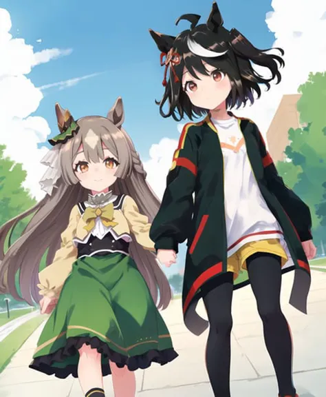 two anime girls walking down a sidewalk holding hands