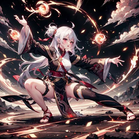 masterpiece, best quality, official art, extremely detailed CG unity 8k wallpaper, 1girl, kung fu, fighting stance, open palm,  <lora:ExplosionMagic:0.7> explosionmagic , excessive energy, smoke, glowing aura, swirl, outdoor, temple, night, fire