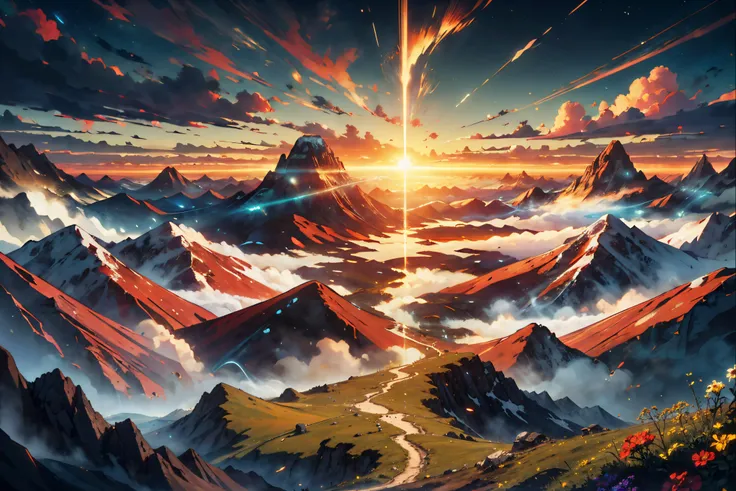 a painting of a mountain range with a sun setting over it