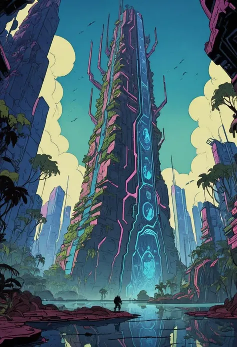 <lora:HeavyMetalStyle-000009:1>,Flat 2D Art,simple flat color,2-dimensional,heavymetalstyle,Flat 2D Art Style,(cyberpunk, A world with unpredictable gravity fluctuations, leading to floating islands and erratic weather patterns., Alien Jungle, Futuristic s...