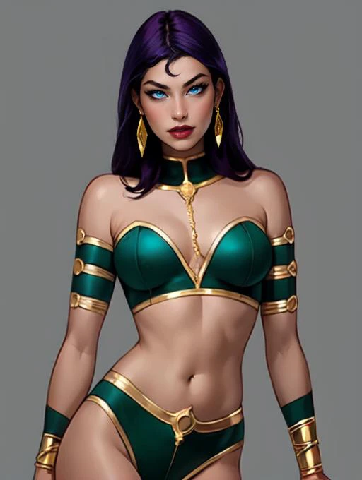 <lora:Circe_JLU:0.6>,circe_jlu,blue eyes BREAK
purple hair BREAK
gold jewelry, gold earings, gold bracelet, gold armlet BREAK
green outfit, midriff, bare shoulders BREAK
revealed cleavage,exposed medium breasts,(covered nipples:1.1) BREAK
(ambient lighting...