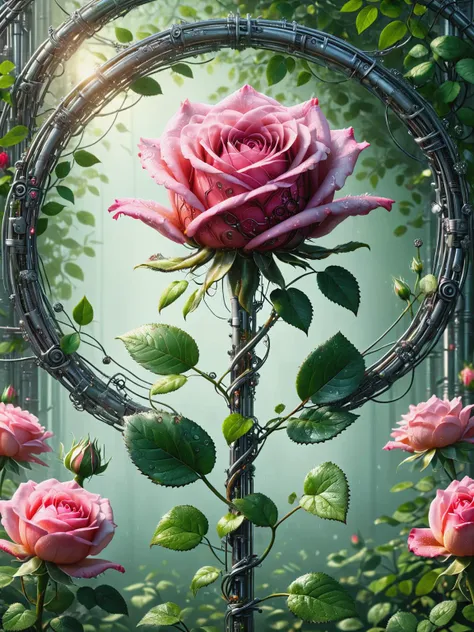 a close up of a rose in a circular frame surrounded by flowers