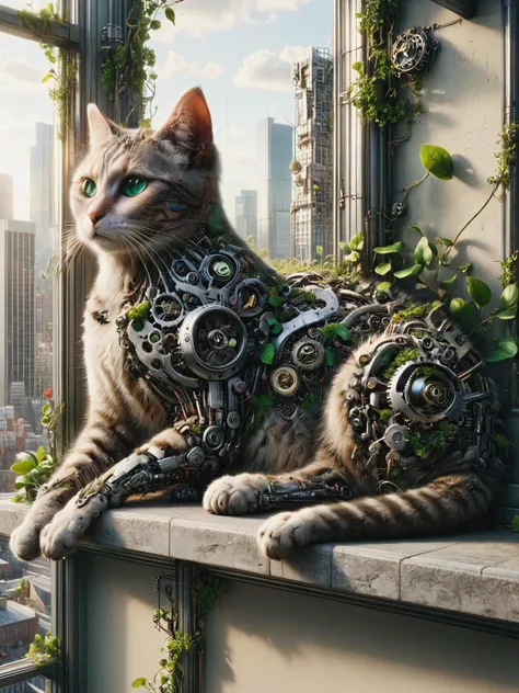 ais-postdyz cat, lounging lazily on a windowsill, observing the rhythmic life of the city with curious, reflective eyes <lora:After_Mech_Dyst:1>