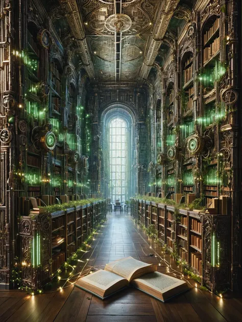 a book is open in a library with many books on the shelves