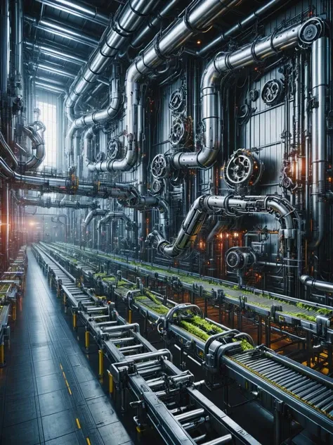 a close up of a factory with lots of pipes and machinery