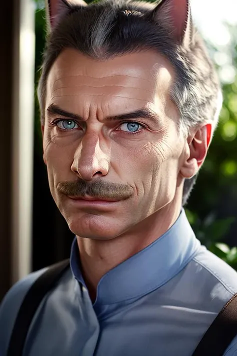 [full body portrait of sks man (macri:1), with serious look with short hair and mustaches, (outdoors:1.2), natural lighting, 4k, 8k, 8k realistic, sharp focus, intricate, high resolution: full body portrait of sks cat-man hybrid ((macri)) anthro cat, male,...