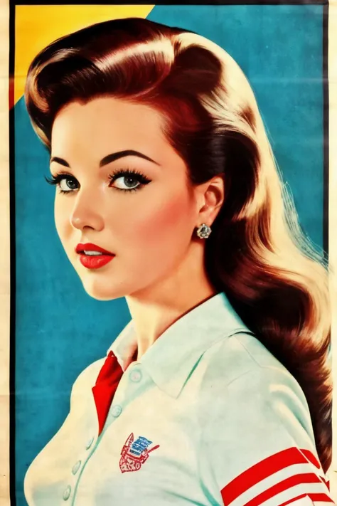 (retro poster, masterpiece, best quality, high detail), (retro art style, full frame, 1950s style, art deco, retro_future style), portrait photo beautiful pin_up (preppy_style:1.4) woman, serious look, full_size:1.9 poster, white border