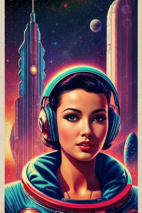 (retro poster, masterpiece, best quality, high detail), (retro art style, full frame, 1950s style, retro_future style, space_opera style), portrait photo beautiful pin_up (cyberpunk_style:1.2) space woman, full_size:1.9 poster, white border