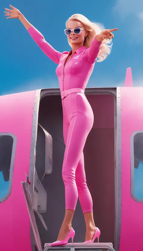 Cinematic scene, hero view, Margot Robbie as Barbie <lora:barbie_v0.0.1:1>, action pose, standing on a airplane, masterpiece, best quality, high quality, absurdress