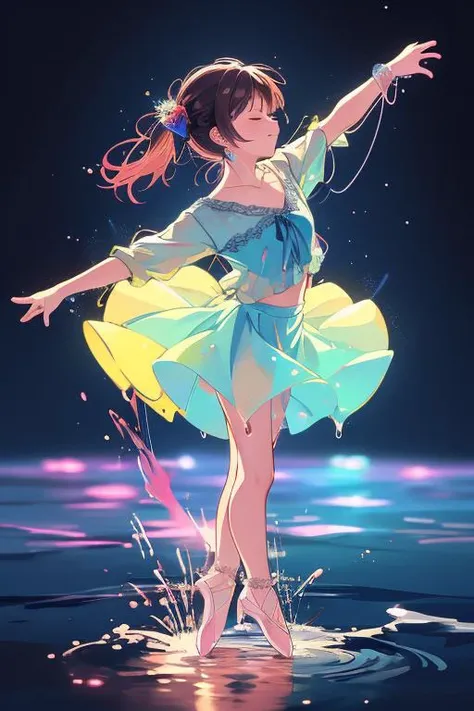 masterpiece,best quality,girl,ultra detail,wet light blue blouse,colorful lace skirt,(petite),dance,water splashing,neon <lora:Artfullydance-v1fem:0.8>galaxy background,starlight,closed eyes,MOTION PHOTOGRAPHY,from above