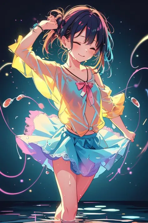 masterpiece,best quality,girl,ultra detail,wet light blue blouse,colorful lace skirt,(petite),dance,water splashing,neon <lora:Artfullydance-v1fem:0.8>galaxy background,starlight,closed eyes,MOTION PHOTOGRAPHY,from above