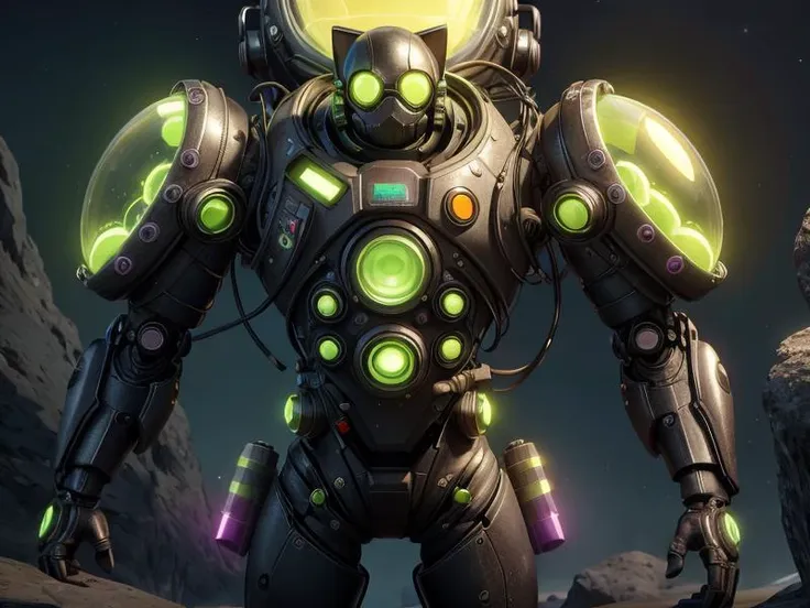 a close up of a robot with glowing green eyes standing on a rock