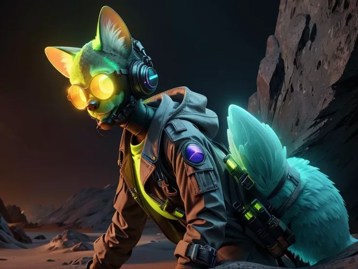 a cat wearing a gas mask and a backpack in a desert