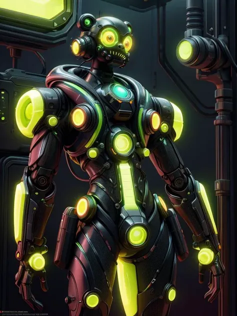 a close up of a robot with glowing eyes standing in a room