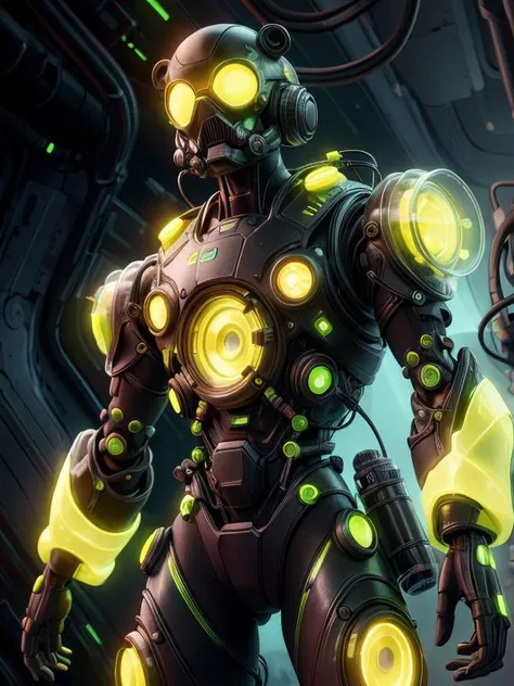 a close up of a robot with glowing eyes and a glowing arm