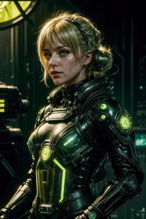 a woman in a futuristic suit standing in front of a clock