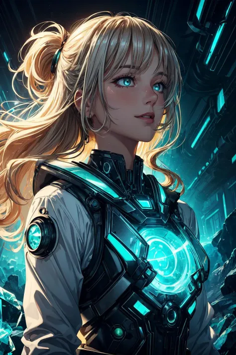 a woman with blonde hair and blue eyes stands in front of a futuristic city