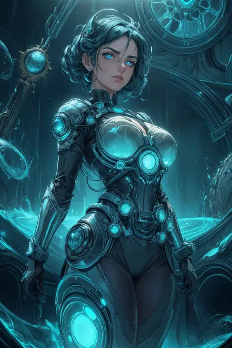 a woman in a futuristic suit standing in front of a clock