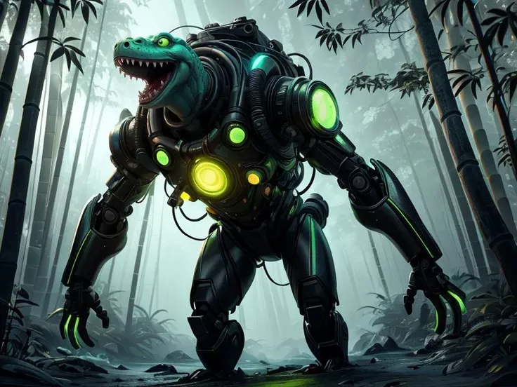 a close up of a robot with glowing eyes in a forest