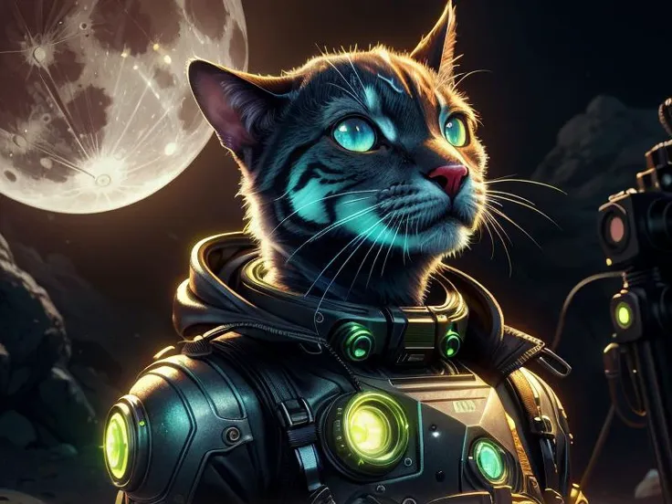 there is a cat that is wearing a space suit and looking at the moon