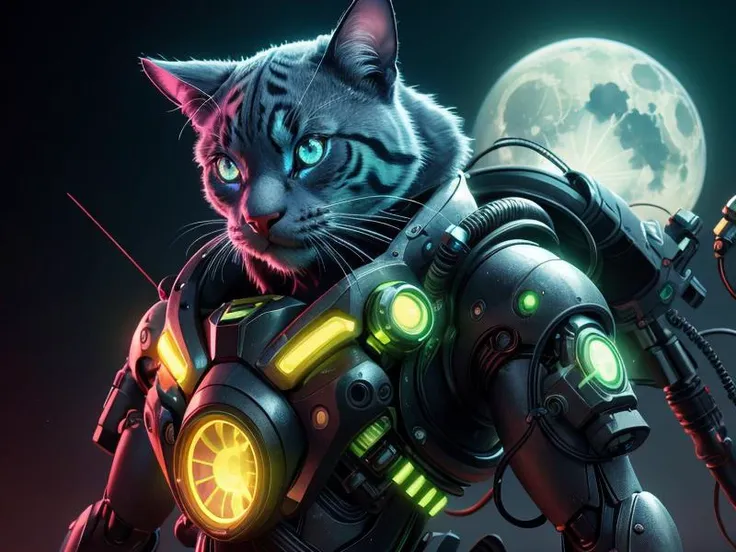 a close up of a cat with a gun and a full moon