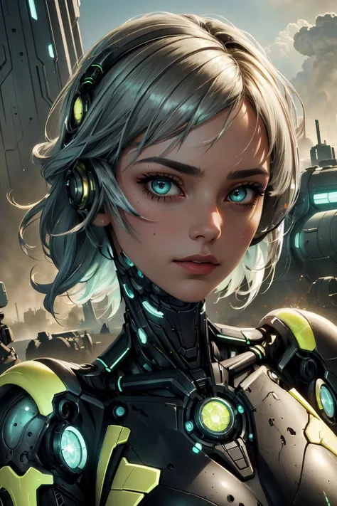 a woman in a futuristic suit with headphones and a futuristic background