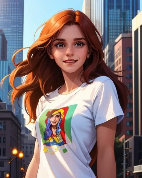 Digital comic painting, of <lora:emwts:0.95> emwts, adult, upper body, long hair, happy expression, wearing a simple tshirt, city background, 2D, digital artwork, detailed, sharp, HD, HDR, 8K, best quality, best resolution