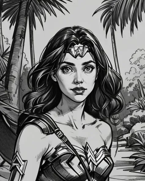 Comic Style Drawing upper body, wonder woman, long hair, pretty face, on a island, jungle  background, epic, cinematic, <lora:suxierenV1:0.6> suxie, line art, sharp, extreme detailed, HD, HDR, 4K, high quality, high resolution, 2D, Simple, sketch, rough li...