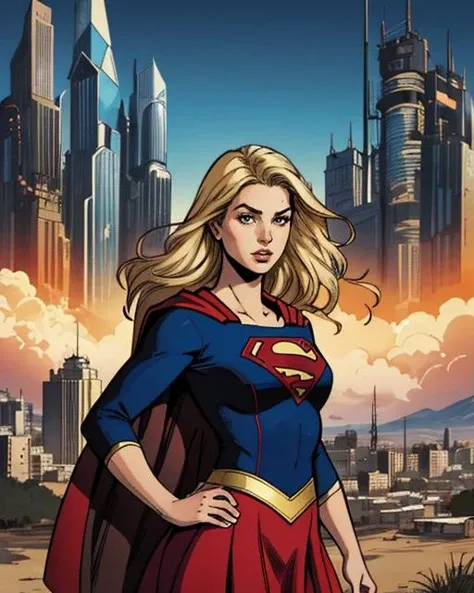 Graphic novel style illustration of upper body, pretty woman, busty, curvy, sexy, city background, sunny day, <lora:Supergirl:0.5> supergirl, cape, blonde hair, long hair, superhero, red cape, red skirt, by jim lee and todd mcfarlane, maximalist, intricate...