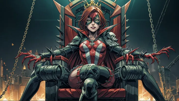 RAW, high quality, detailed,
she_spawn, Slouched on a throne a wicked grin under a heavy crown., green eyes,no pupils, cape, thigh boots, multicolored clothes, gloves, claws, bodysuit, chain, domino mask, spikes, black cape, red hair, shoulder armor, open ...