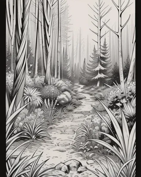 ink line art of epic panorama of fantasy forest, sharp, details, HD, HDR, 8K, best quality, best resolution, maximalist, masterpiece, 2D, coloring book, 1 bit, (monochrome:1.2), vector graphic, outline, stencil, high contrast, bold lines, black and white