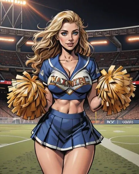 Digital Comic Artwork of a pretty woman, cheerleader, skirt, cropped top, dancing, happy, curvy, busty, cheerleader uniform, footballfield background, sharp, details, HD, HDR, 8K, best quality, best resolution, maximalist, masterpiece