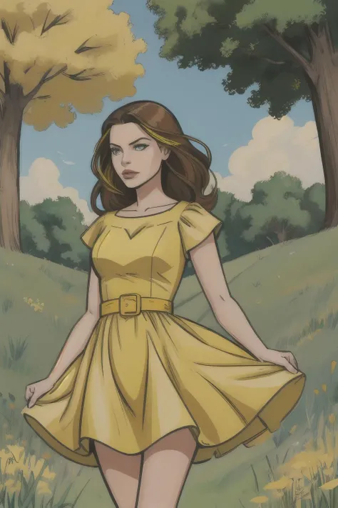 graphic novel illustration of a woman, brunette, yellow dress, park, grass, colorful, vivid colors