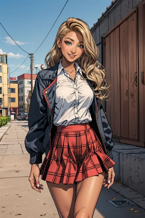 1girl, glasses,  jacket, long hair,, plaid, plaid skirt, school uniform, shoes, shuujin academy uniform, skirt, from behind, outdoors, smile, 
masterpiece, best quality,  <lora:erika2:1> blonde hair, tanned skin, dark skin, gyaru,bronze skin