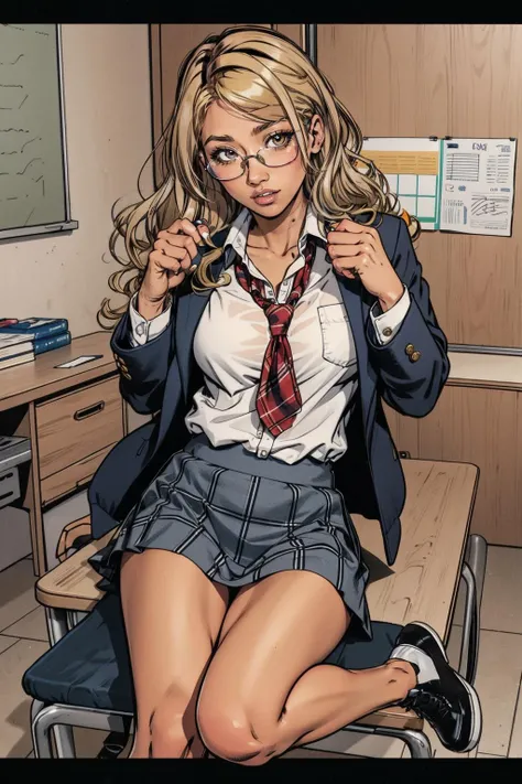 1girl, glasses,  jacket, long hair,, plaid, plaid skirt, school uniform, shoes, shuujin academy uniform, skirt, 
masterpiece, best quality,  <lora:erika2:1> blonde hair, tanned skin, dark skin, gyaru,bronze skin