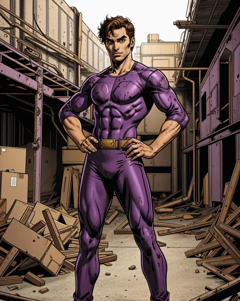 a male hero with a purple costume standing with hands on hips inside a dirty abandoned warehouse