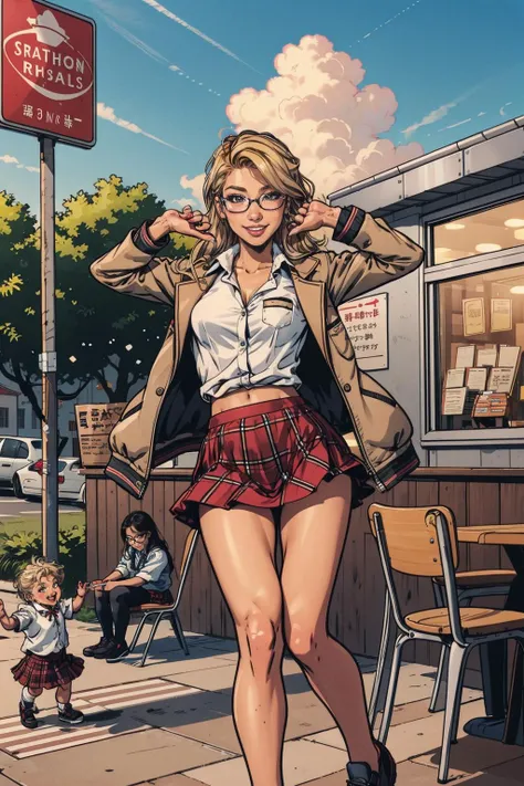 1girl, glasses,  jacket, long hair,, plaid, plaid skirt, school uniform, shoes, shuujin academy uniform, skirt, from behind, outdoors, smile, fast food restaurant, 
masterpiece, best quality,  <lora:erika2:1> blonde hair, tanned skin, dark skin, gyaru,bron...