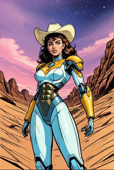 cartoon,vibrant colors,best quality,masterpiece,1 man,cowboy,sci-fi western,cowboy hat,desert,spaceship in background sheriff,cyborg,robotic arms,sunset,white costume,galaxy ranger,<lora:wsma1985:0.7>,wsma1985 style,
Style-DA,<lora:PAseer-SD15-LCM Quick:1>...