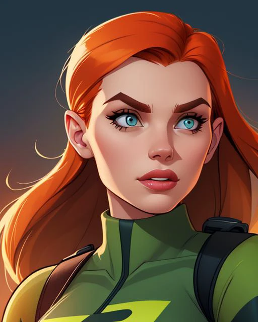 Digital comic painting, of Kim Possible, portrait, 2D, digital artwork, detailed, sharp, HD, HDR, 8K, best quality, best resolution