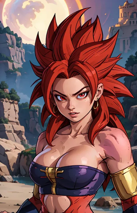 red eyes, red hair,, Best_QualityPos, RAW photo, intricate details, best quality, 8k uhd, soft lighting, 1girl, solo, Caulifla_DB, Super_Saiyan_4_Caulifla, sleeveless, bare shoulders  <lora:Super_Saiyan_4_Caulifla:0.6>, deep cleavage, <lora:colorize:0.8>,