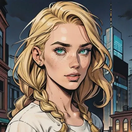 Digital comic Artwork of portrait, the most beautiful woman in the world, (happy:1.2), braided hair, blond, Eva Müller, 20 years old, german, (emerald eyes:0.8), (freckles:0.8), casual clothes, city background, cute, epic, cinematic, dynamic, sharp, detail...