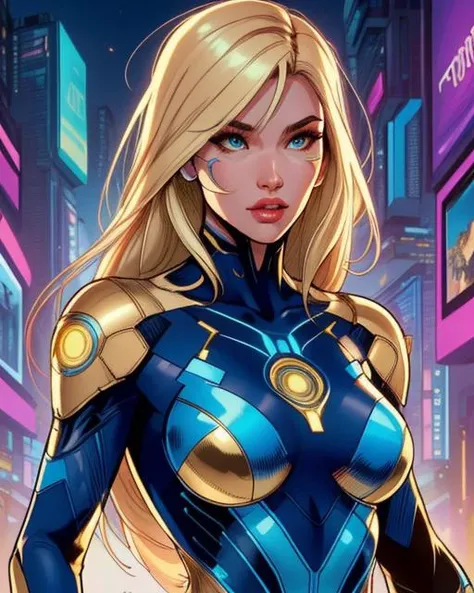 breathtaking illustration, medium shot, upper body, pretty girl, futuristic, (skintight white and gold body suit:1.2), wide hips, sexy, (armor:0.8), (cyborg:0.8), cyberpunk, city background, long colorful hair, pretty face, <lora:android-seams:0.5> android...