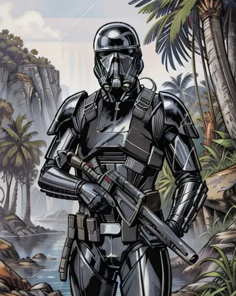 Digital Comic Artwork of futuristic soldier, jungle background, <lora:DtrooperV01:0.75> deathtrooper suit, (sharp:1.2), (detailed:1.2), HD, HDR, 8K, best quality, best resolution, (maximalist:1.2), masterpiece